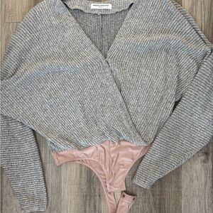 Amanda Uprichard Gray Ribbed V-Neck Sweater